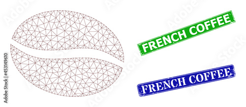 Polygonal coffee bean model, and French Coffee blue and green rectangle grunge stamps. Polygonal carcass image designed with coffee bean pictogram.