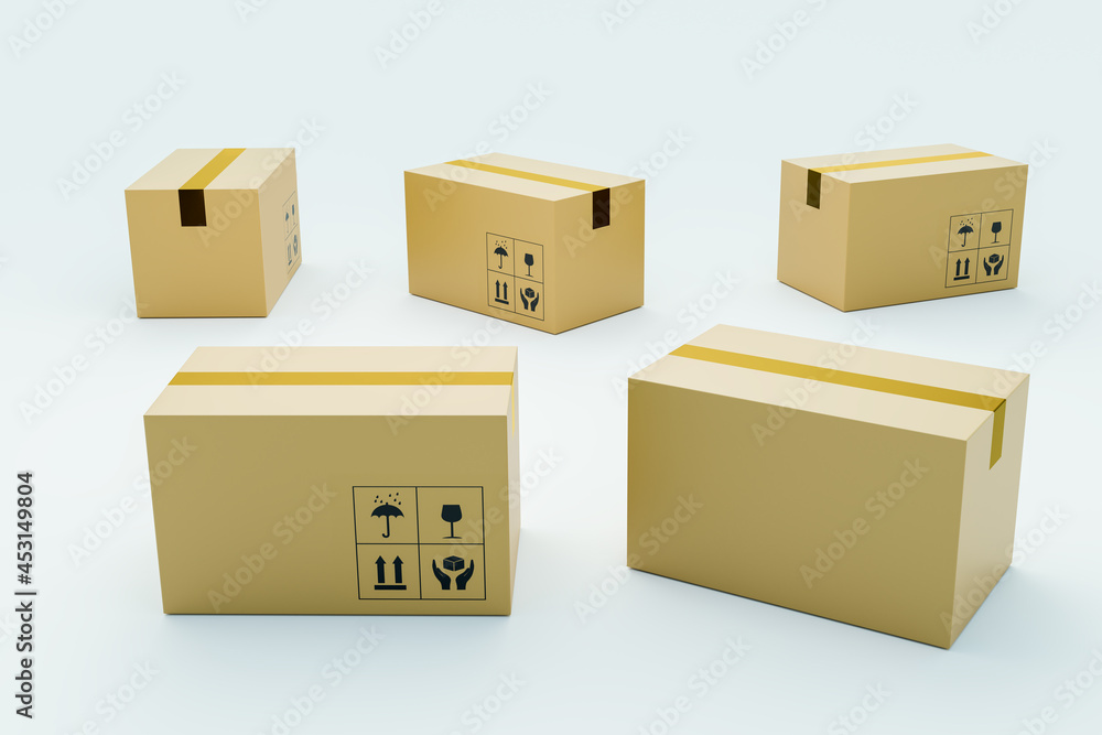 parcel box on white background, multiple view of parcel box, 3d illustration rendering parcel box on white background, multiple view of parcel box, 3d illustration rendering