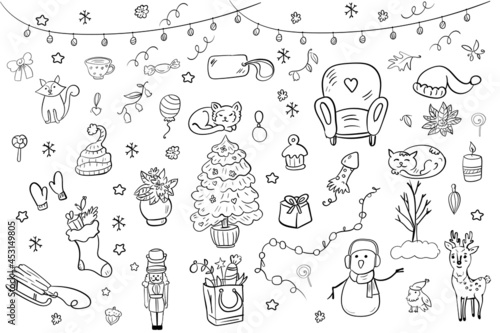 New Year or Christmas Set of Toys and Decorations for a Cozy Winter Evening Cartoon Coloring Illustration