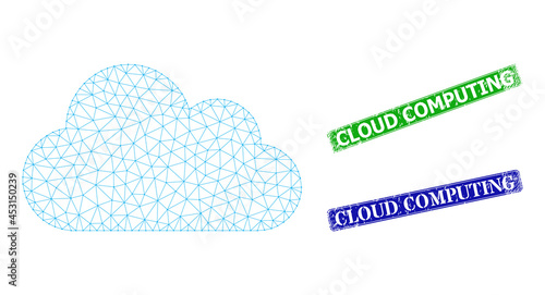 Mesh cloud image, and Cloud Computing blue and green rectangle textured seal prints. Mesh carcass image is based on cloud icon. Stamp seals have Cloud Computing caption inside rectangular form.