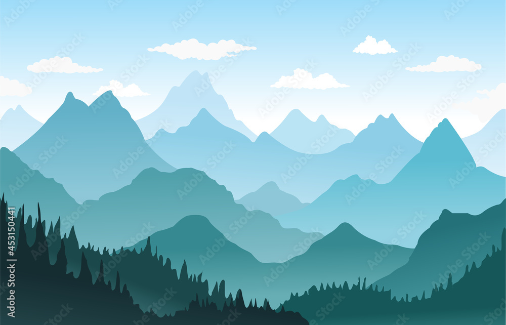 Vector mountains and  coniferous forest landscape pine trees with blue sky .background illustration.