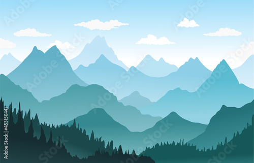 Vector mountains and coniferous forest landscape pine trees with blue sky .background illustration.