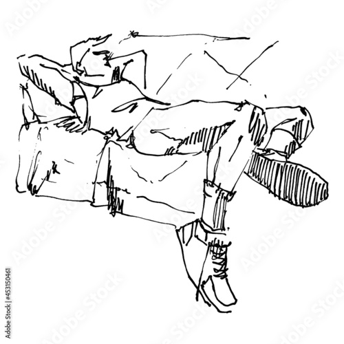 Vector sketchy illustration of a young handsome man lying on a couch