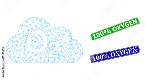 Mesh oxygen gas image, and 100% Oxygen blue and green rectangle dirty stamp seals. Mesh carcass image is designed with oxygen gas icon. Seals include 100% Oxygen title inside rectangular frame.