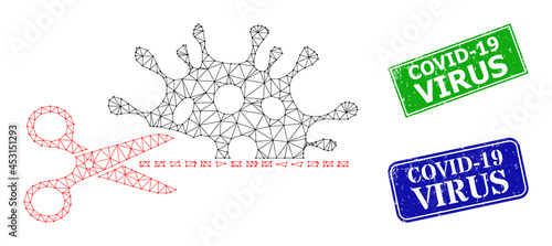 Polygonal cut coronavirus image, and Covid-19 Virus blue and green rectangle textured watermarks. Polygonal carcass image is based on cut coronavirus pictogram.