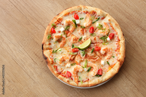 Fresh seafood pizza, top view