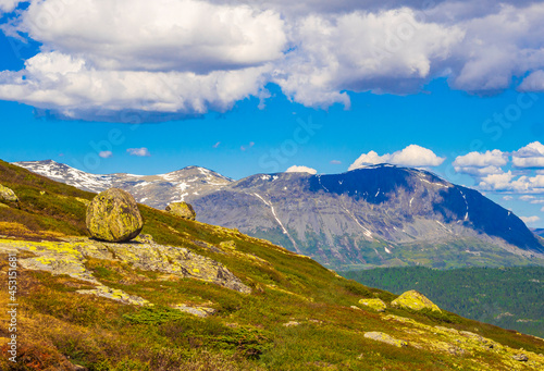 Beautiful valley panorama Norway Hemsedal Hydalen with snowed in Mountains.