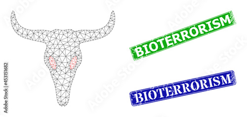 Polygonal dead bull head image, and Bioterrorism blue and green rectangular unclean badges. Polygonal carcass image designed with dead bull head icon.