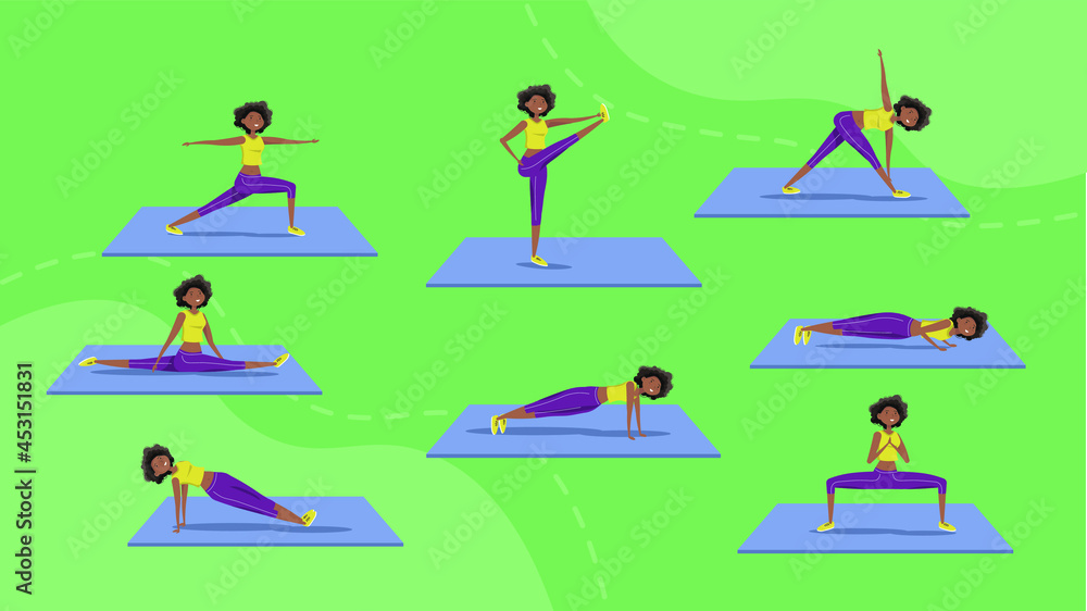 Eight yoga asanas performed by a black young girl. Sport, fitness, pilates, yoga are the best ways to keep your fit and be healthy.