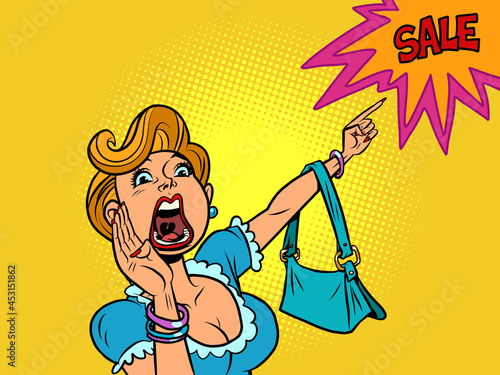 A woman shouts discount sale. The buyer points with his hand