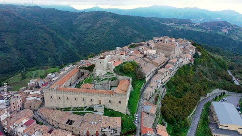 Aerial view of the city Montalbano Elicona, Italy, Sicily, Messina Province.  Aerial view of the medieval town of Montalbano Elicona with the castle of Federico II, Italy, Sicily. photo