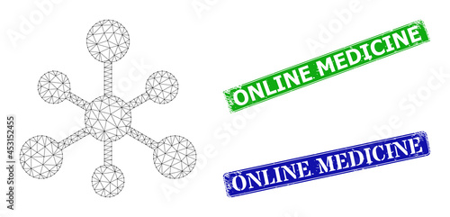 Polygonal web connections model, and Online Medicine blue and green rectangular dirty seal prints. Polygonal carcass image designed with web connections icon.