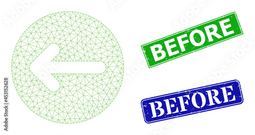 Triangular left direction image, and Before blue and green rectangular scratched stamp seals. Polygonal carcass image designed with left direction icon.