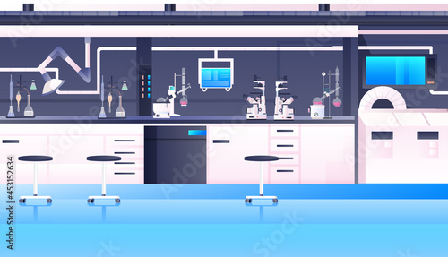 empty no people chemical research laboratory with different equipment scientist workplace science education concept