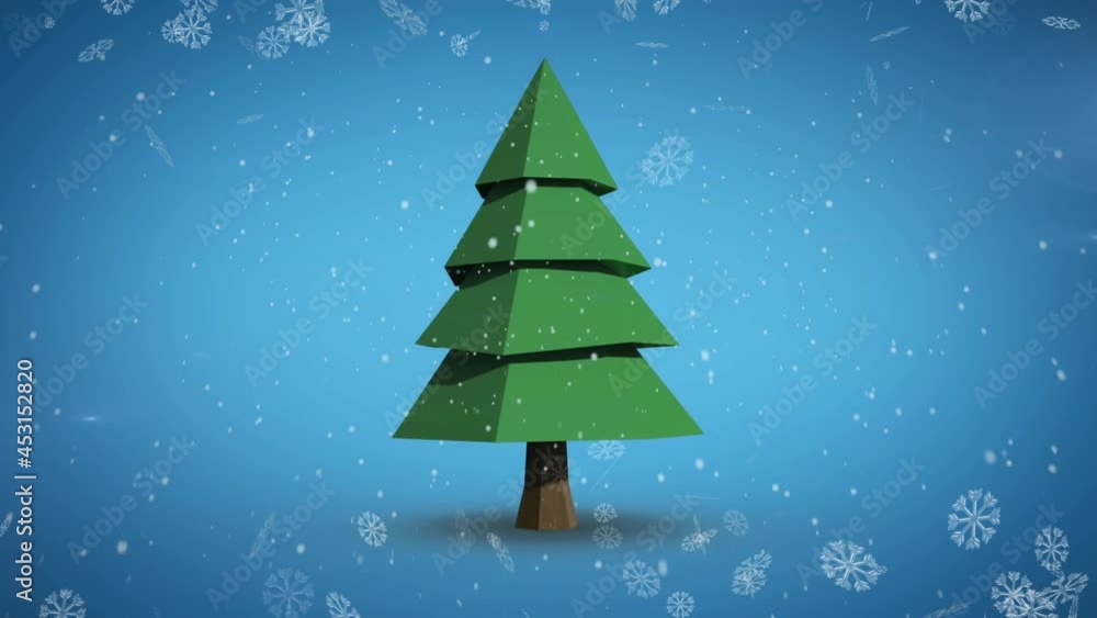Snowflakes falling over spinning christmas tree icon against blue background Snowflakes falling over spinning christmas tree icon against blue background