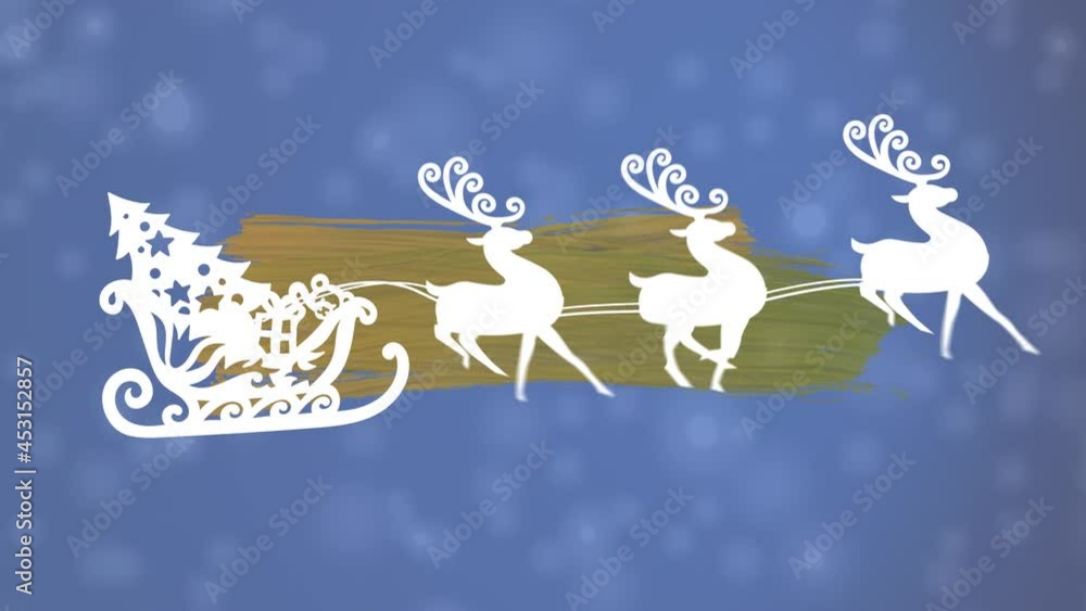 Christmas tree in sleigh being pulled by reindeers over golden brush