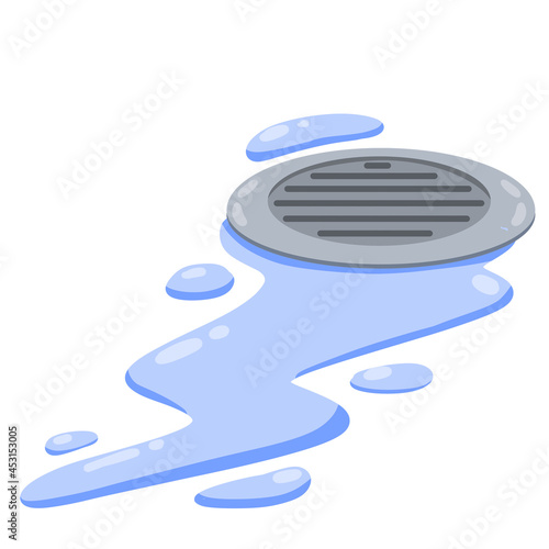 Drain in plumbing. Element of water supply system. Blue puddle and drops of water. Bath and shower detail. Flat cartoon illustration. Sink hole on floor