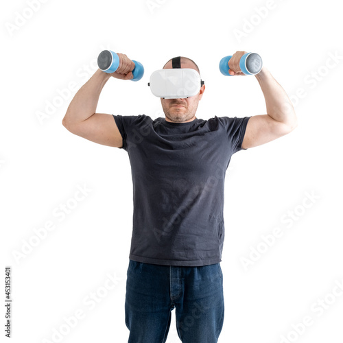 Unsportsmanlike middle-aged man wearing virtual reality glasses with dumbbells. Isolated on a white background. © Konstiantyn Zapylaie