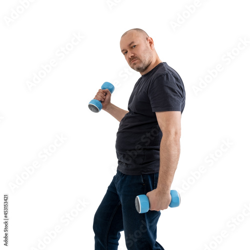 Overweight middle aged man with dumbbells. Isolated on no white background.
