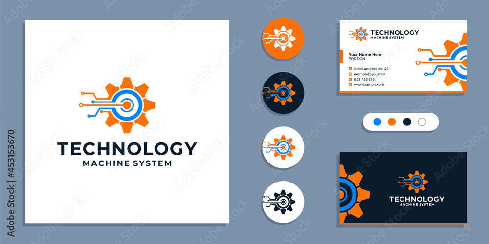 Gear, technology machine system logo and business card design template