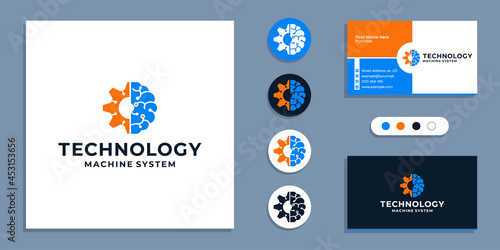 Gear with brain technology logo and business card design template