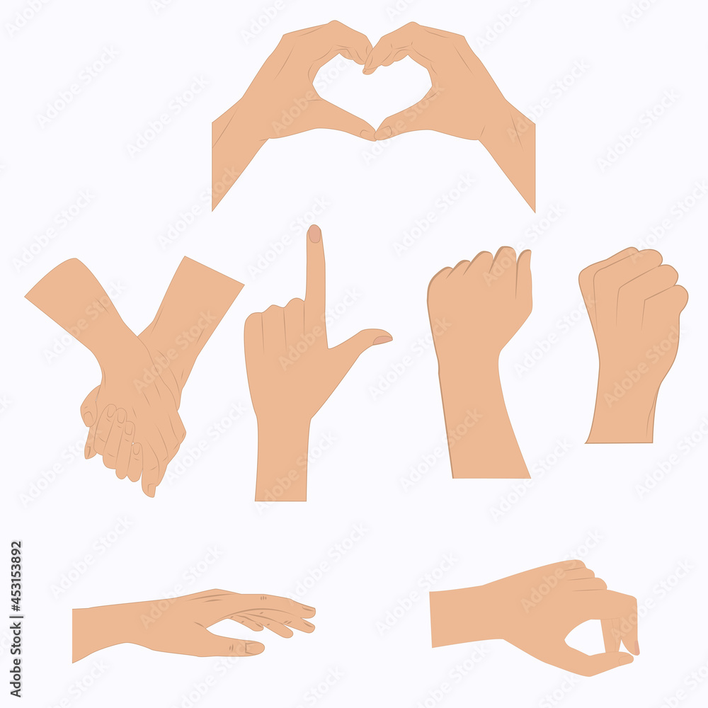 Man's hands, set of 7 positions - isolated on white background - vector. Design elements Man's hands, set of 7 positions - isolated on white background - vector. Design elements