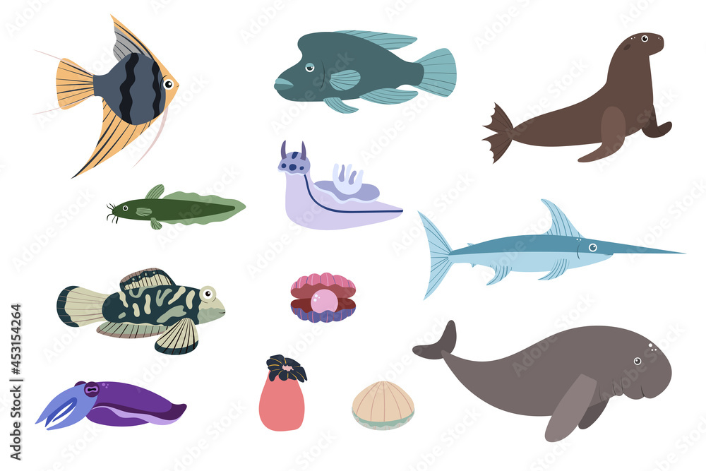 Set of sea animals - angelfish dugon catfish cuttlefish swordfish. Undersea world habitants print. Hand drawn underwater life collection. Funny cartoon marine animals character for kid. Set of sea animals - angelfish dugon catfish cuttlefish swordfish. Undersea world habitants print. Hand drawn underwater life collection. Funny cartoon marine animals character for kid.