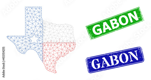 Net texas map logo model, and Gabon blue and green rectangle rubber stamp seals. Polygonal wireframe symbol is designed with texas map logo icon.