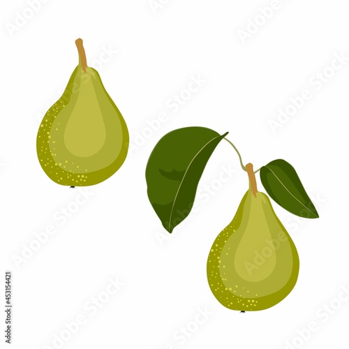 Illustration of pear on a white background. Hand-drawn fruits in bright colors. Illustrating for healthy eating, recipes, local farm. Card with pears.