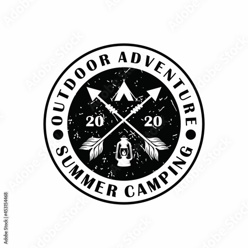 camping logo with arrow logo. vector camping emblem. outdoor activity symbol with grunge texture 
