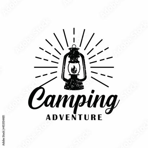 hand drawn camping logo with lantern Vintage emblem forest. Retro style camping camper explore. Outdoor adventure badge design. Travel and hipster mountain outdoor. Wilderness theme