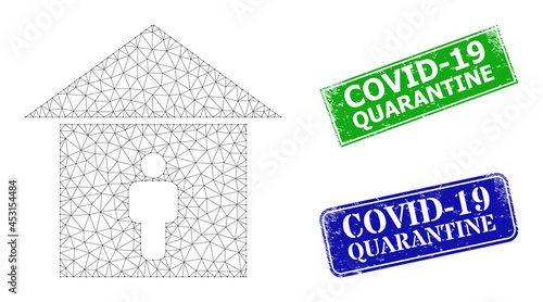 Polygonal self isolation image, and Covid-19 Quarantine blue and green rectangular grunge stamp seals. Polygonal wireframe symbol is created from self isolation pictogram.