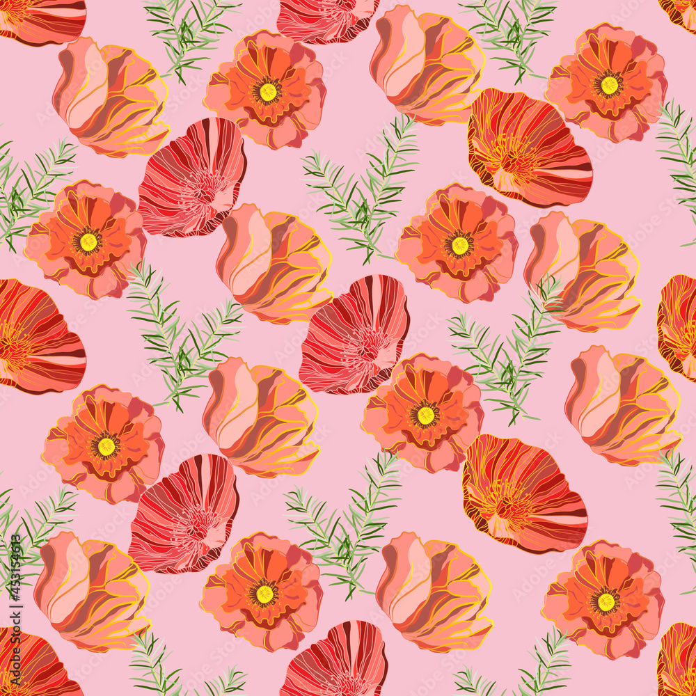 Seamless background with bright poppies and curly asparagus on a delicate pastel background. Vector illustration Seamless background with bright poppies and curly asparagus on a delicate pastel background. Vector illustration