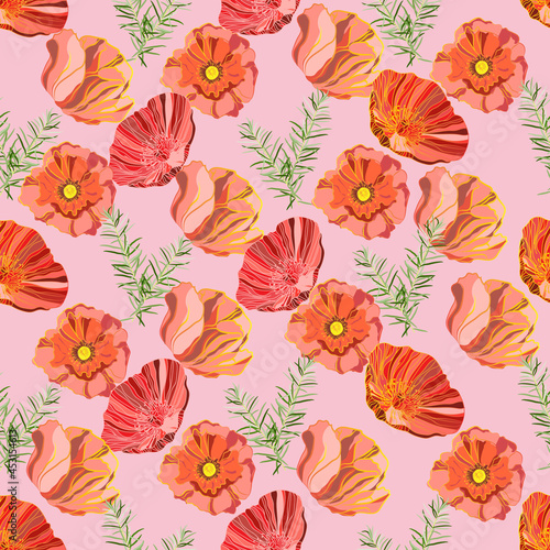 Seamless background with bright poppies and curly asparagus on a delicate pastel background. Vector illustration