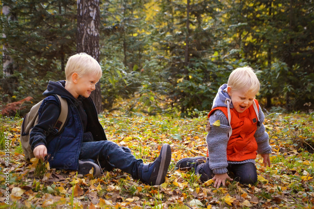 Two blonde smiling brothers playing in a forest glade in early autumn Two blonde smiling brothers playing in a forest glade in early autumn
