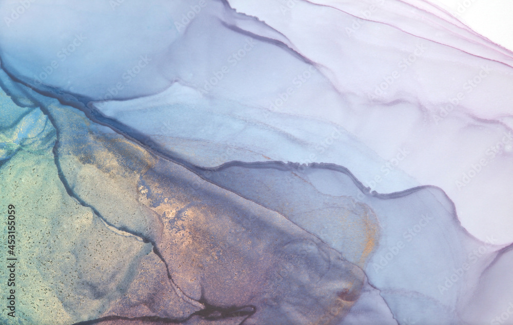 Naklejka premium Art Abstract smoke blue watercolor and gold glitter horizontal background. Marble texture. Alcohol ink.