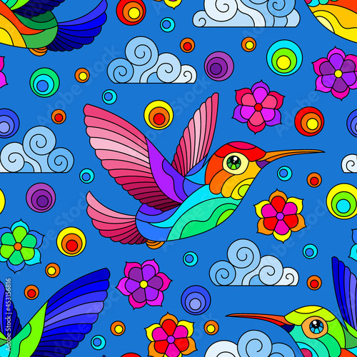 Seamless pattern with bright Hummingbird birds, clouds and flowers, bright birds on a blue background