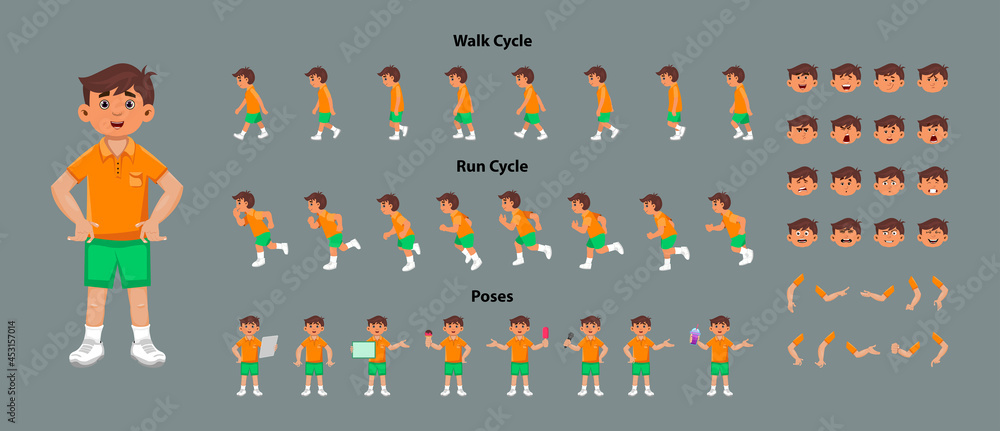 Cute boy character model sheet with walk cycle and run cycle animation  sequence. Boy character with different poses Stock Vector | Adobe Stock