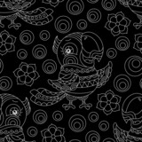 Seamless pattern with light contour parakeets and flowers in stained glass style on a dark background