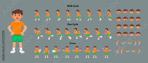 Cute boy character model sheet with walk cycle and run cycle animation sequence. Boy character with different poses