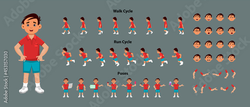 Cute boy character sprite sheet with walk cycle and run cycle animation sequence. Cute boy character with different poses