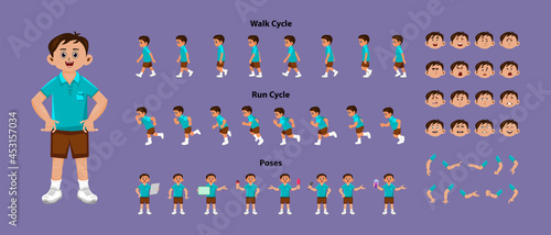 Boy character 2d model sheet with walk cycle and run cycle animation sprites sheet. Boy character with different poses