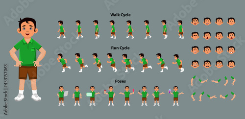 Boy character model sheet with walk cycle and run cycle animation key frames. Boy character with different poses