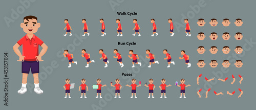 Boy character model sheet with walk cycle and run cycle animation sprites sheet. Boy character with different poses