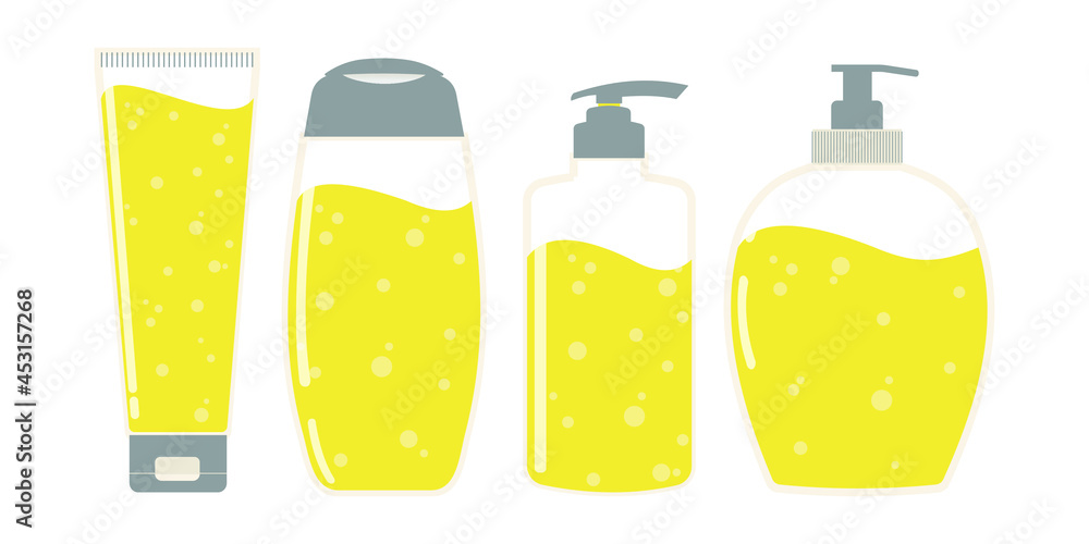 Antibacterial soap in different jars for washing hands and body. A set of cosmetics for hygiene and skin care. Yellow and gray are the most popular colors. Vector. Antibacterial soap in different jars for washing hands and body. A set of cosmetics for hygiene and skin care. Yellow and gray are the most popular colors. Vector.