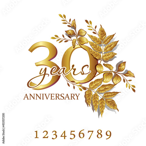 Set of anniversary logo in gold frame of flowers for holiday event, wedding, birthday, anniversary, greeting card and invitation. 30 years anniversary.
