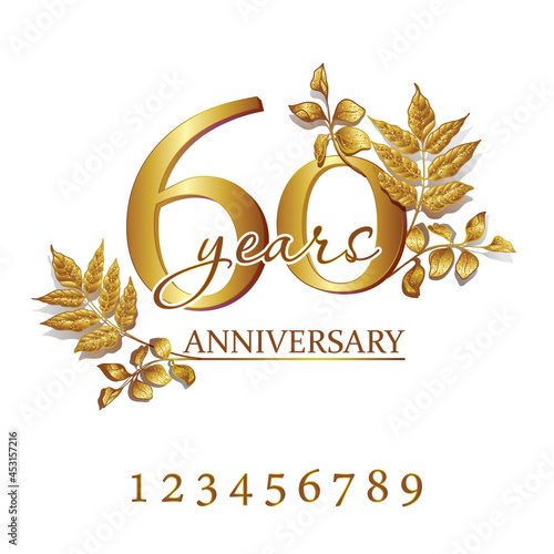 Set of anniversary logo in gold frame of flowers for holiday event, wedding, birthday, anniversary, greeting card and invitation. 60 years anniversary.