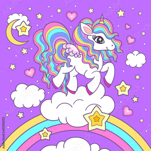 Cartoon colorful cute unicorn and stars on a pink background. For children's, girly design of prints, posters, stickers, banners, cards, stickers, etc. Vector