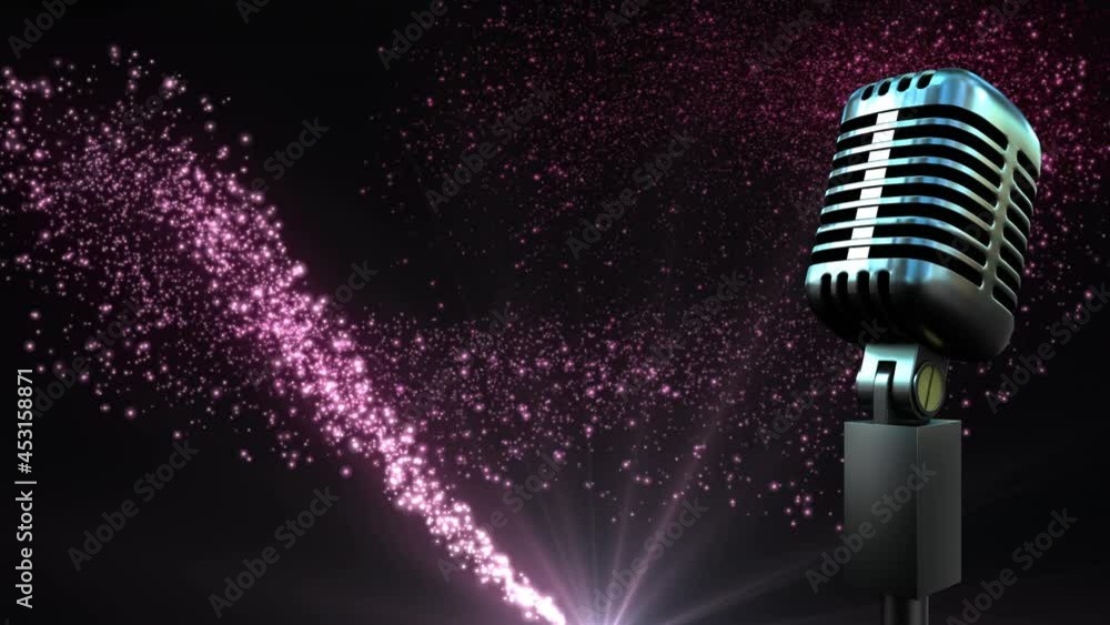 Retro white microphone against purple shooting star against black background