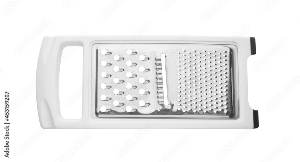 Fototapeta premium Stainless steel grater on white background, top view. Kitchen utensil